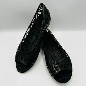 Crocs Black Isabella Jelly II Flat Peep Toe Floral Cutout Iconic Comfort Women 8